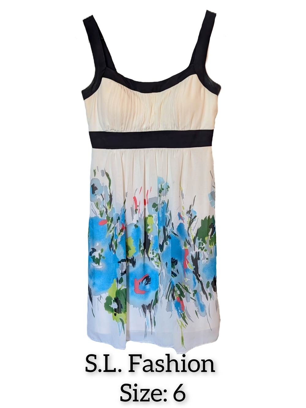 S.L. Fashions Cream and Blue Floral A-Line Dress